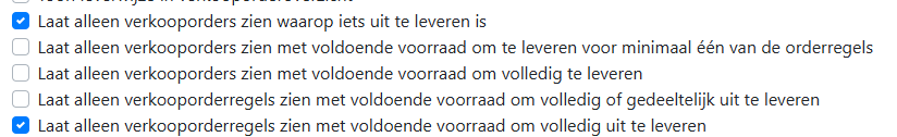 Instellingen controle leverbaarheid